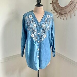 Vintage Denim Cottage Grandma Embroidered Blouse